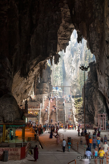 The enormous limestone formations of the Batu caves, a site of Hindu worship in Kuala Lumpur, Malaysia.