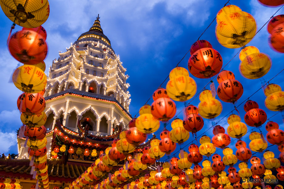 Paper lanterns light up Kek Lok Si Temple in Penang, the largest Buddhist temple in Southeast Asia.