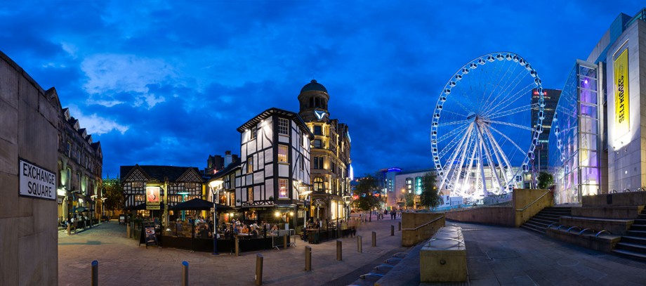 Exchange Square featuring Sinclair's Oyster Bar and the Manchester Wheel.