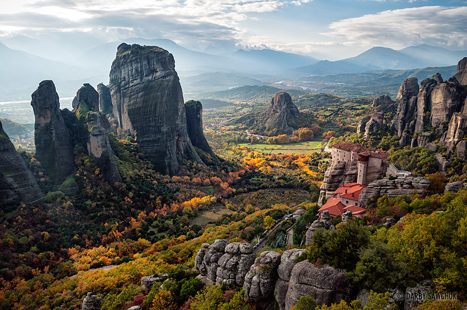 The Monastery of Rousanou looks out onto the enormous sandstone pillars of the Meteora area of Greece.