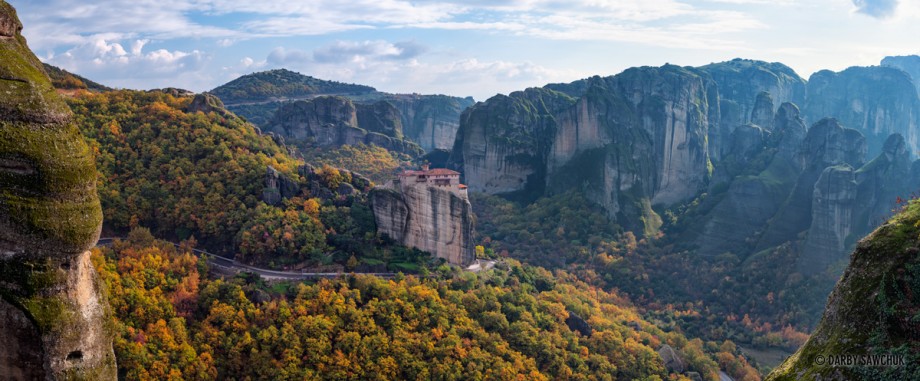 A panoramic view of the holy Monastery of Rousanou in Meteora, Greece.