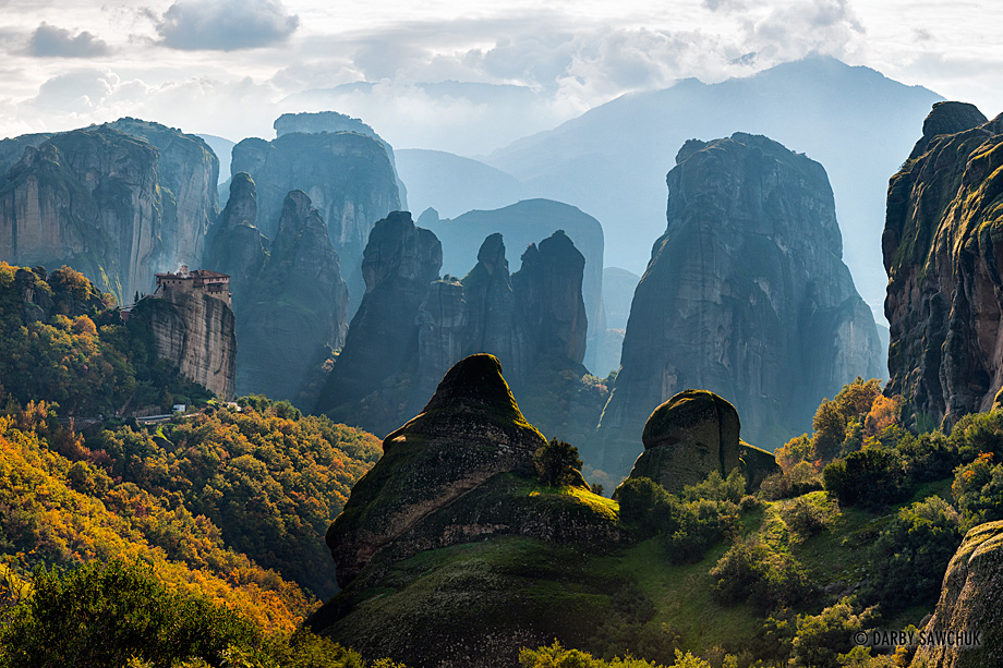 The Monastery of Rousanou looks out onto the enormous sandstone pillars of the Meteora area of Greece.