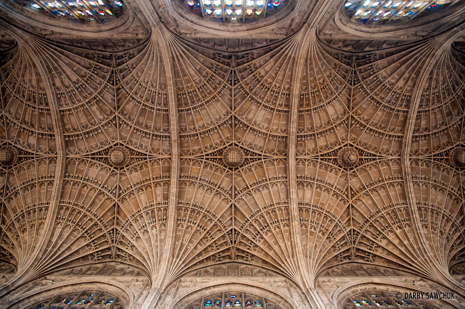 The elaborate arched ceiling of King's College Chapel in Cambridge.