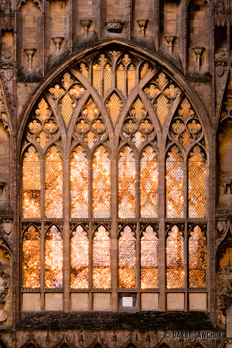 Windows surrounded by gothic tracery glowing in the evening sun at Ely Cathedral.