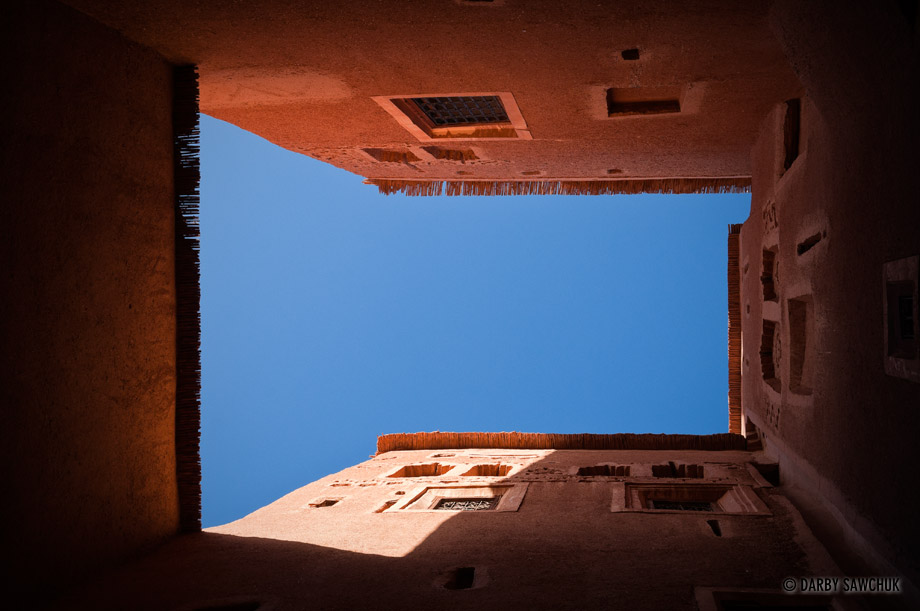 Looking up in a courtyard of kasbah Taourirt in Ouarzazate, Morocco.