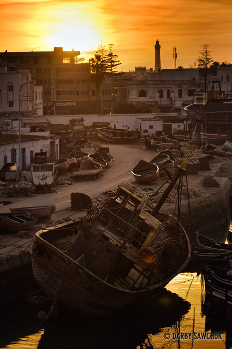Sunset over the boats in the port of El Jadida, Morocco.