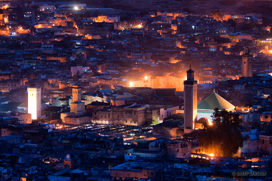 The many mosques of Fez from above at dusk.