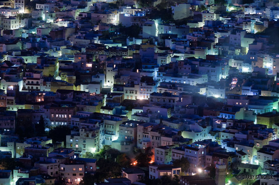 The blue-coloured buildings of Chefchaouen at night.