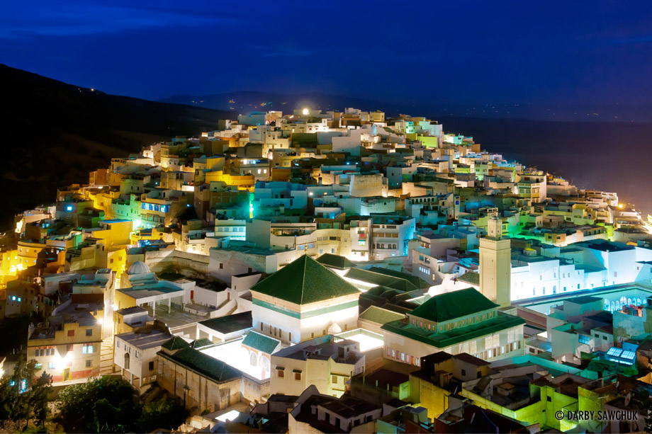 The holy town of Moulay Idriss at dusk in Morocco.