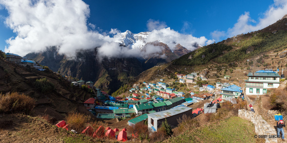 A panoramic view of the village of Namche Bazaar in Sagarmatha National Park in Nepal.