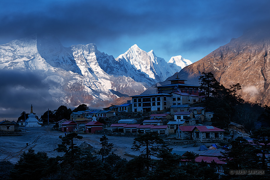 The Tibetan Buddhist monastery of Tengboche in the shade of the surrounding mountains along the Everest Trail.