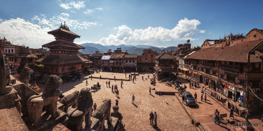 A panoramic view of Taumadhi Tole, a square in Bhaktapur, Nepal from the Nyatapola Pagoda with the Bhairavnath Temple to the left.