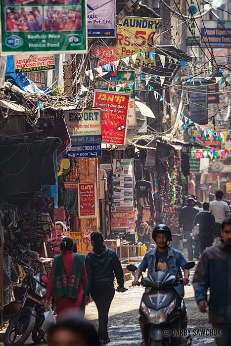 The busy, narrow streets of Thamel in Kathmandu, a busy hub for travellers and trekkers in the region.