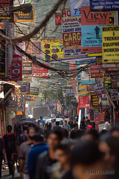 The busy, narrow streets of Thamel in Kathmandu, a busy hub for travellers and trekkers in the region.