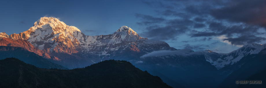 A panoramic image of the Annapurna mountains viewed from Ghandruk.