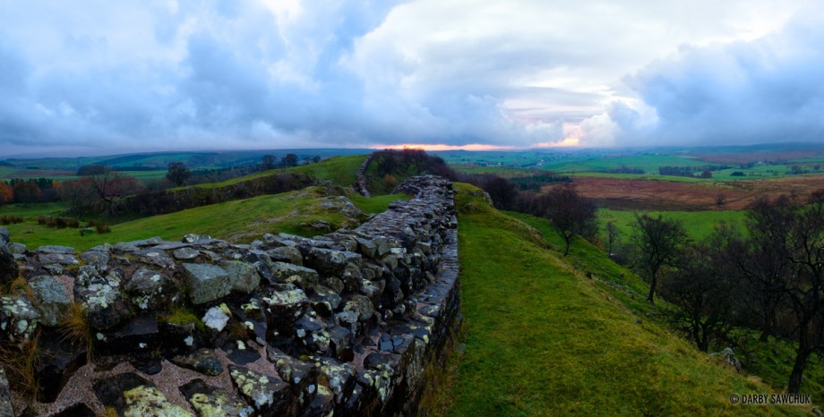 Clouds gather over Hadrian's Wall at Walltown Crags in Northumberland.