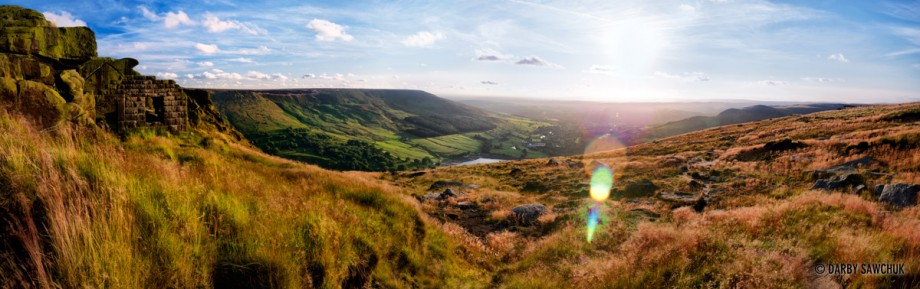 Panoramic view of the hills over Dovestones Reservoir in Greater Manchester, UK.