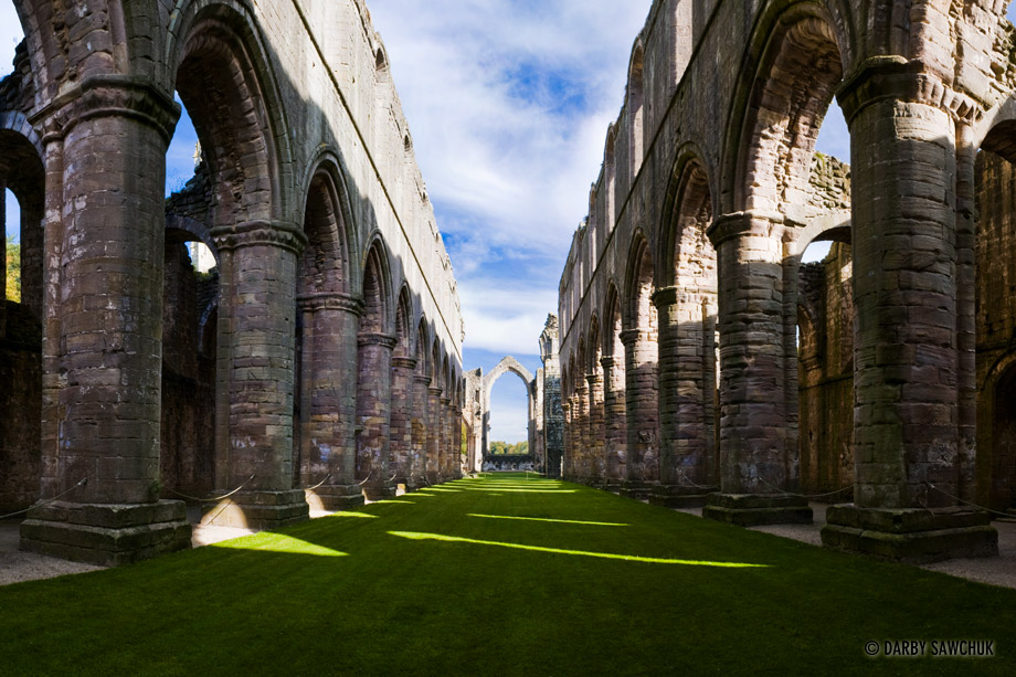 The enormous ruined nave of Fountains Abbey in North Yorkshire.