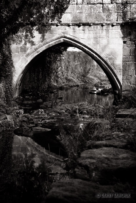 An old stone bridge at Fountains Abbey, North Yorkshire.