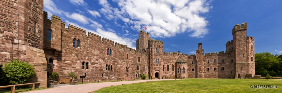 Panoramic view of the courtyard of Peckforton Castle in Cheshire.
