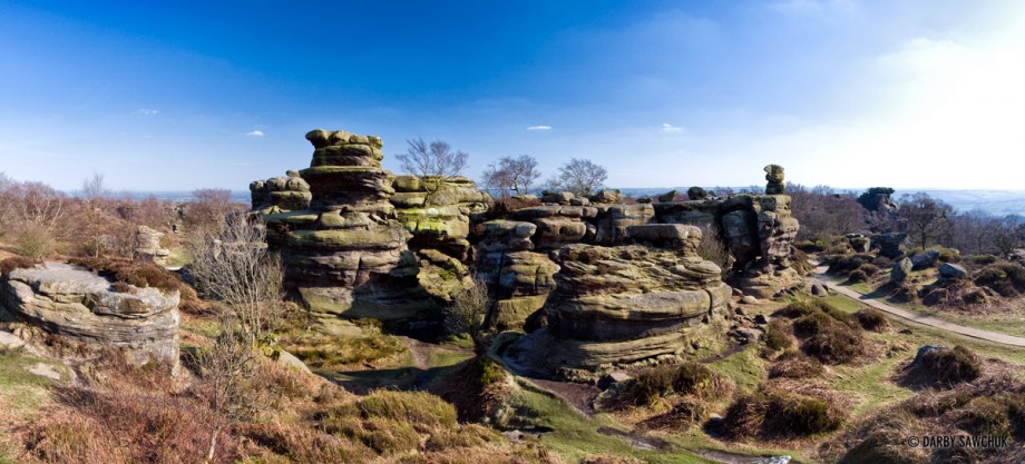 Panoramic view of the strange, eroded formations at Brimham rocks in North Yorkshire.