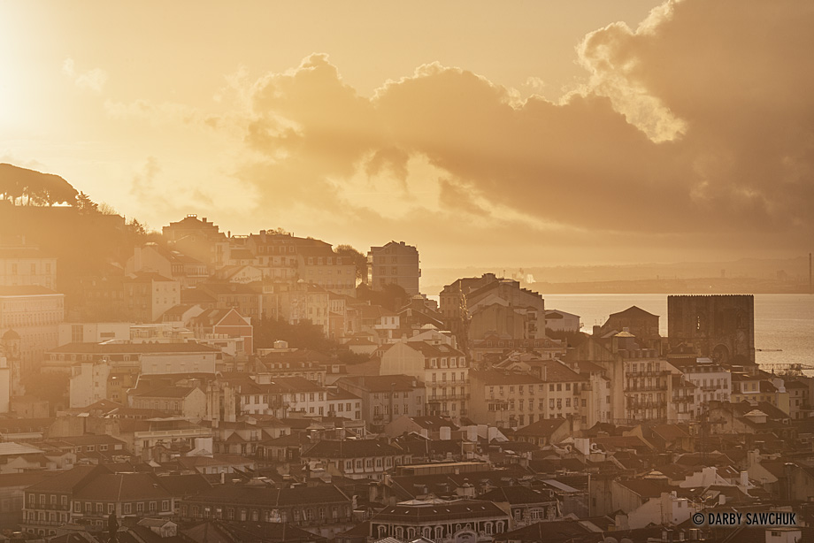 Sunrise over the Afama district in Lisbon, Portugal.