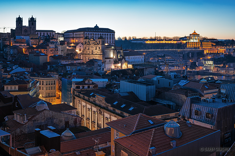 The rooftops of Porto as viewed from the Miradouro da Vitoria before dawn.