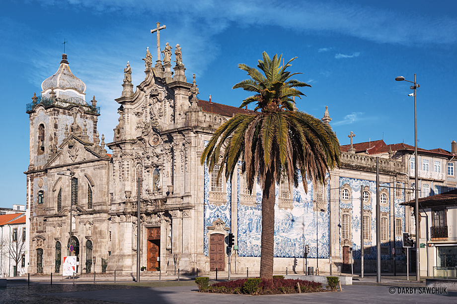 Blue Azulejo tiles decorate the exterior of the Igreja do Carmo in Porto.
