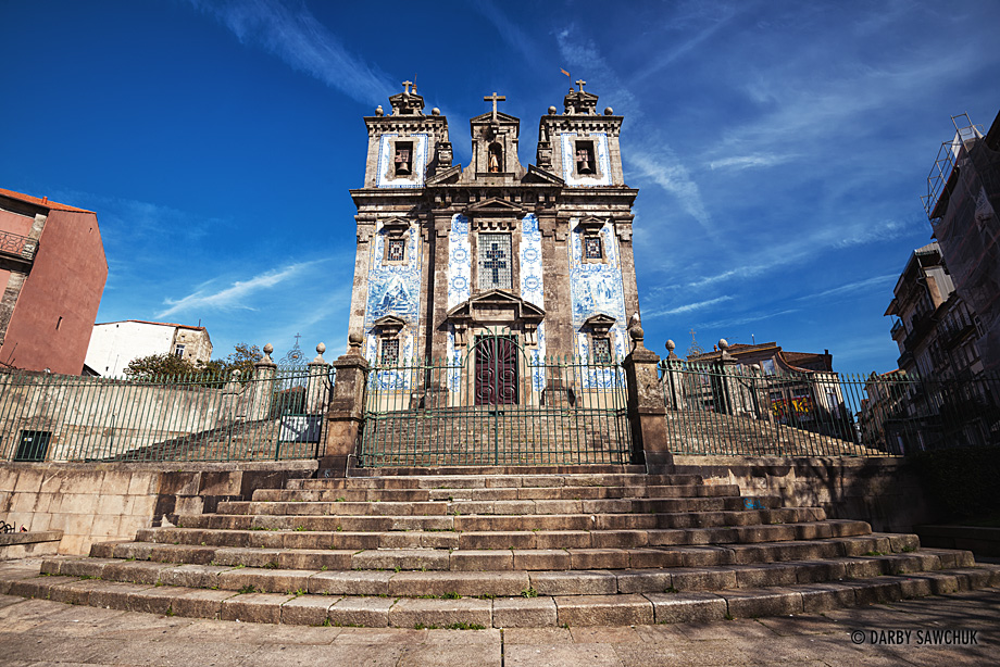 Blue skies compliment blue Azulejo tiles on the Church of Saint Ildefonso in Porto.