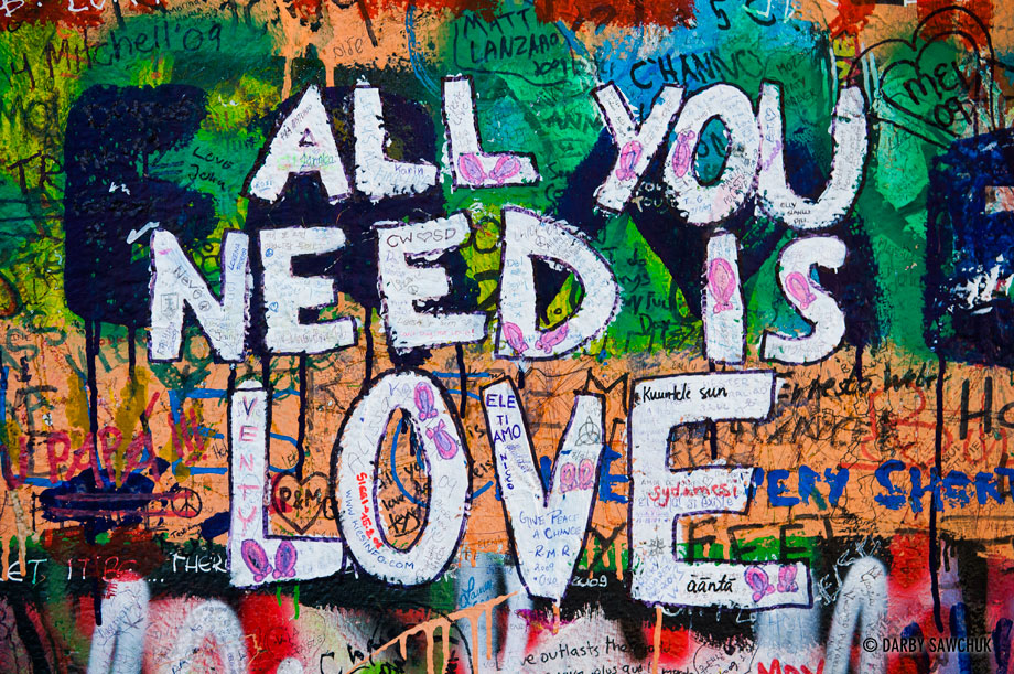 All You Need Is Love painted on the John Lennon Wall in Prague, Czech Republic.