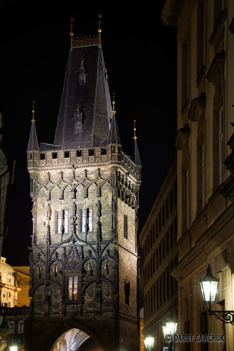 The Powder Tower at night in Prague, Czech Republic.