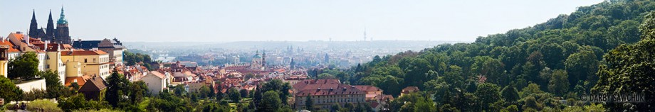 Panoramic view of Prague Castle, Mala Strana and Petrin Hill in Prague, Czech Republic.