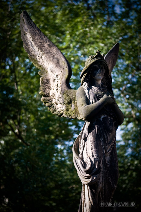 A stone angel in the castle of Vysehrad in Prague, Czech Republic.
