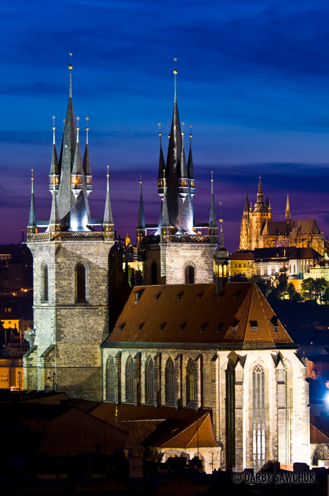 The Church of Our Lady before Tyn as viewed from the Powder Tower in Prague, Czech Republic.