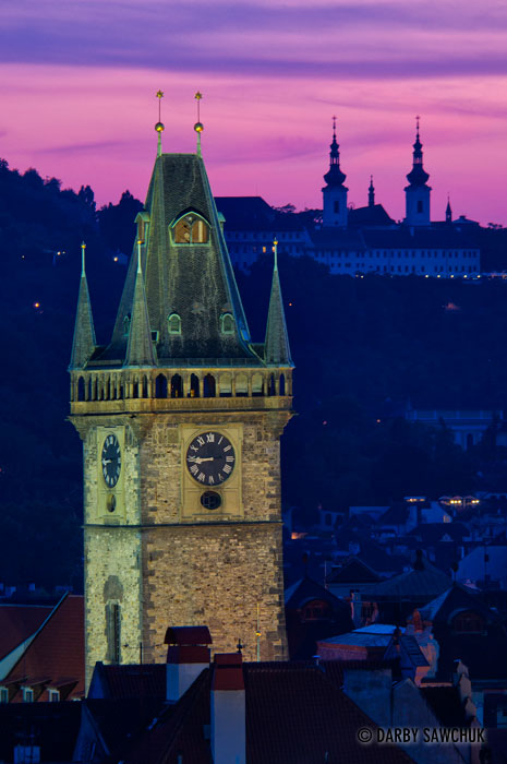 The Old Town Hall and the Strahov Monastery in the background in Prague, Czech Republic.