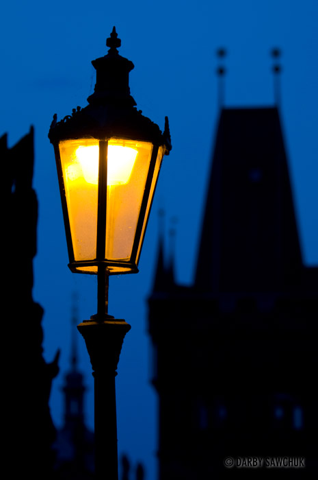 A lamppost on the Charles Bridge in Prague, Czech Republic.