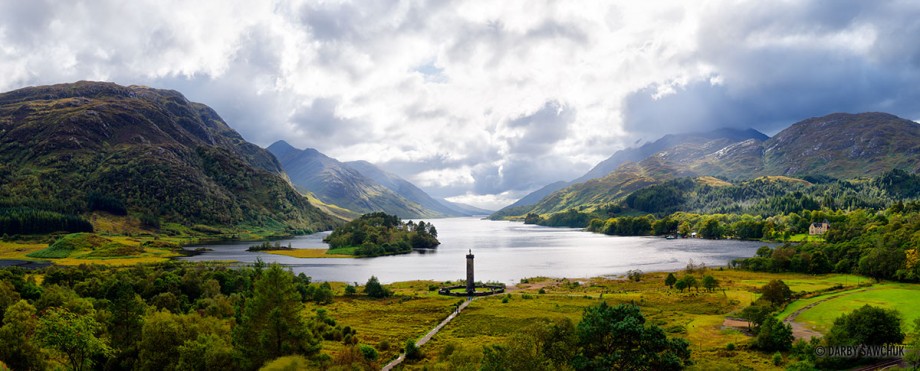 Panoramic view of the Glenfinnan Monument and Loch Shiel in the background in Scotland.