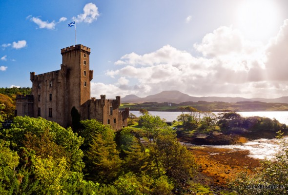 Dunvegan Castle, looking across to MacLeod's Tables on the Isle of Skye, Scotland.