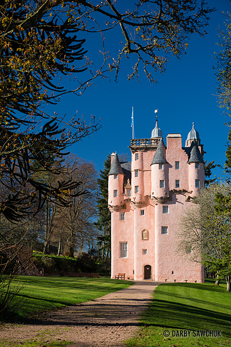 Craigievar Castle and its pink walls in Aberdeenshire, Scotland.