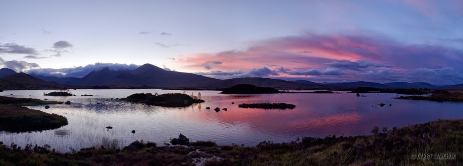 Panoramic view of Rannoch Moor at dusk in Scotland.
