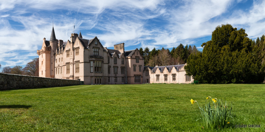 A panoramic photo of Brodie Castle in Aberdeenshire, Scotland.