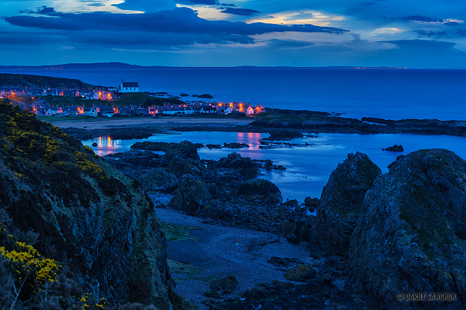 Dusk descends over the town of Findochty, Aberdeenshire, Scotland.