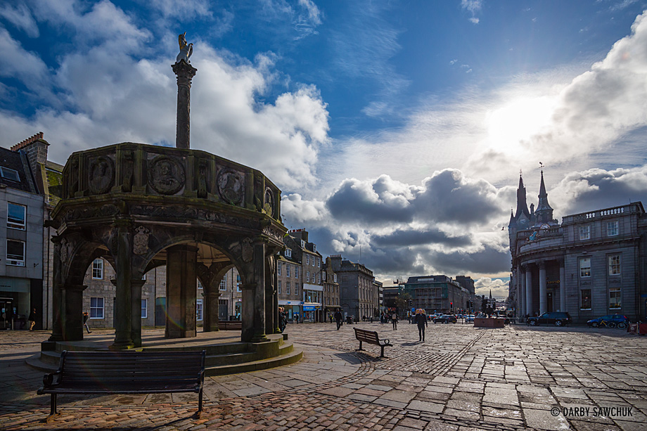 The mercat cross in the Castlegate area of Aberdeen, Scotland.