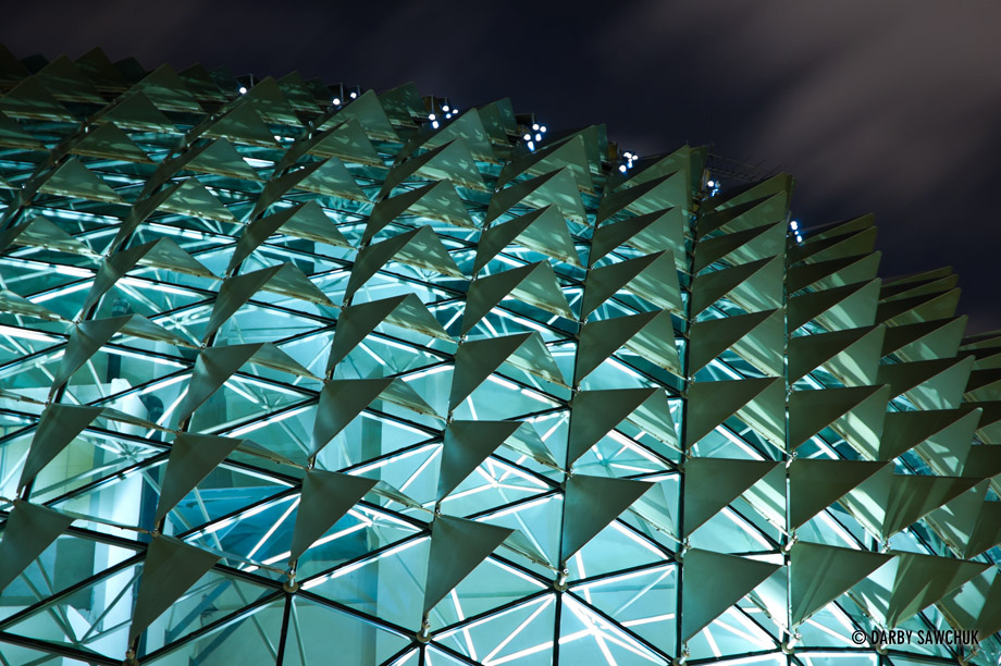 A detail of the roof of the Esplanade at night.