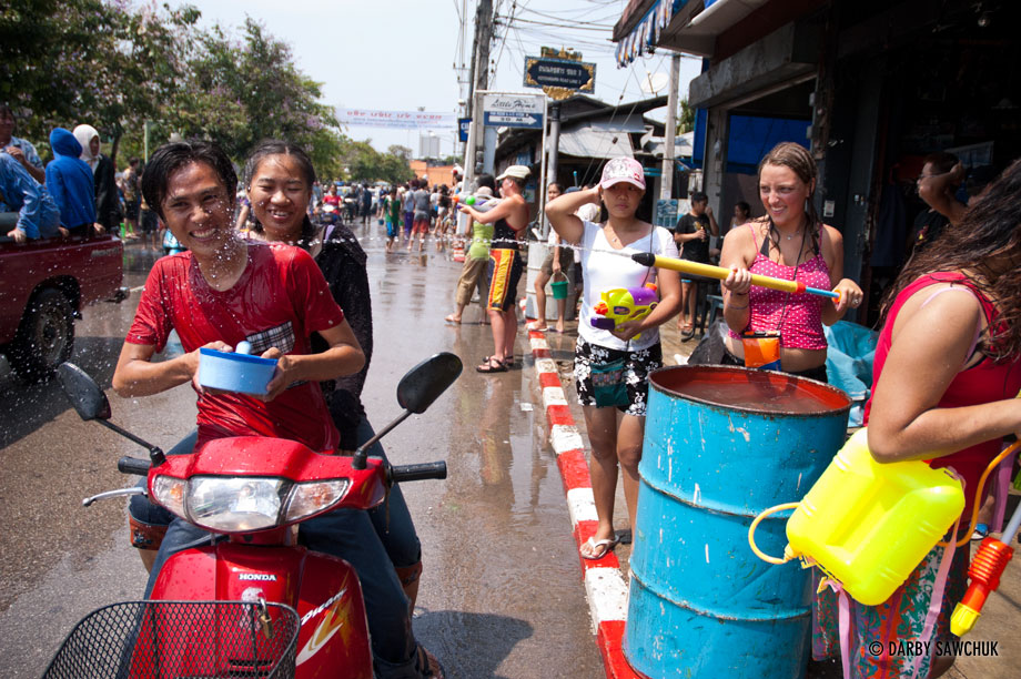 Water fights take over the streets of Chiang Mai, Thailand during the Songkran Thai New Year Festival.