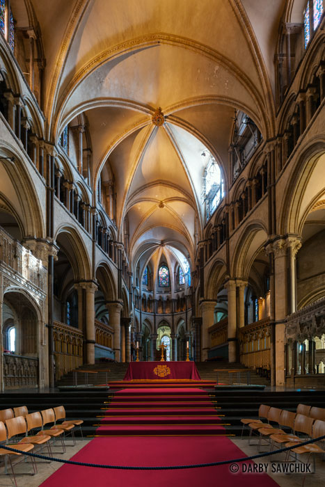 The interior of Canterbury Cathedral looking from the choir towards the sanctuary.