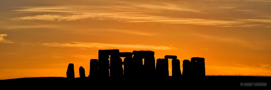 A panoramic view of the sunset over Stonehenge. 