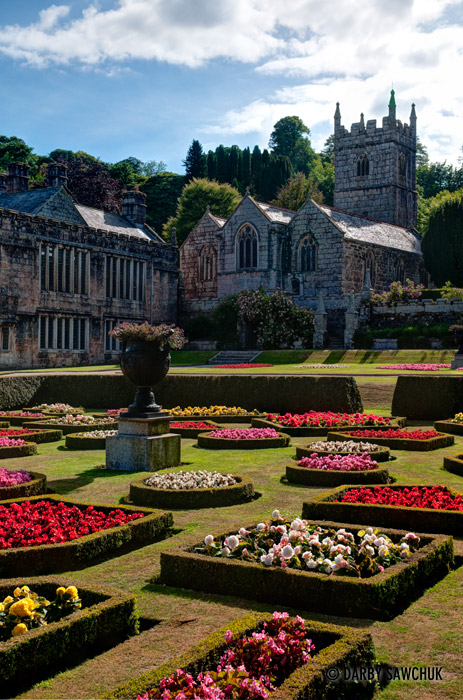 The gardens and chapel of the Victorian country house Lanhydrock in Cornwall.