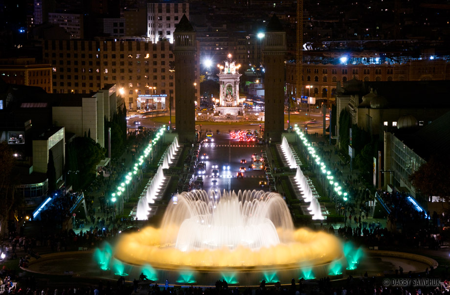 The Magic Fountain of Montjuic and its colourful light show in Barcelona.
