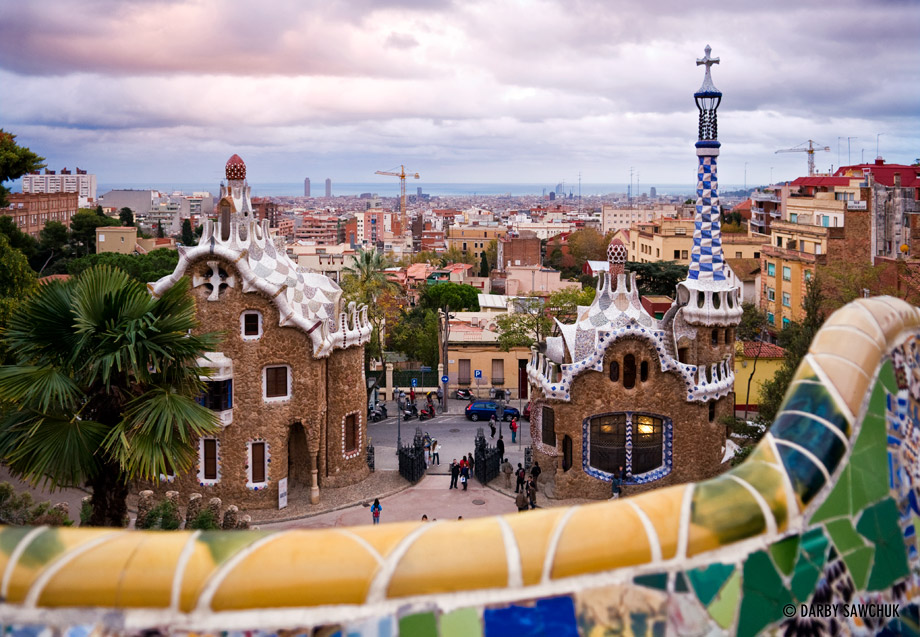 Building at the main entrance of Park Guell that resemble fairy tale gingerbread houses.